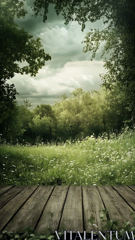 Wooden Deck Overlooks Meadow. Dramatic Sky Frames Lush Valley Landscape.
