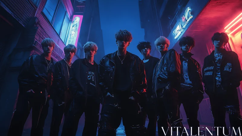 Neon-lit street crew stand under blue red cyberpunk glow.