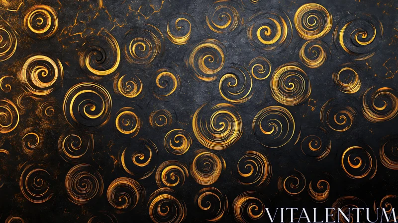 Gold metallic spiral vortex pattern on textured black ground