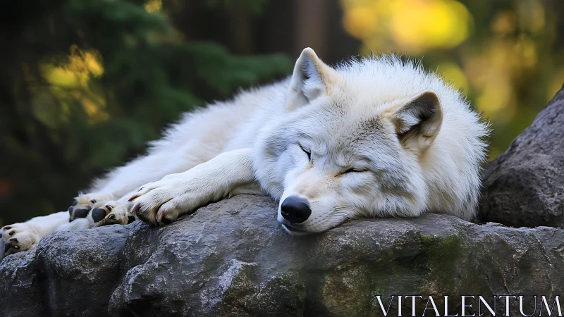Arctic wolf resting on rock under defocused forest canopy.