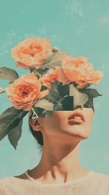 Surreal floral portrait with geometric pixel splice overlay.