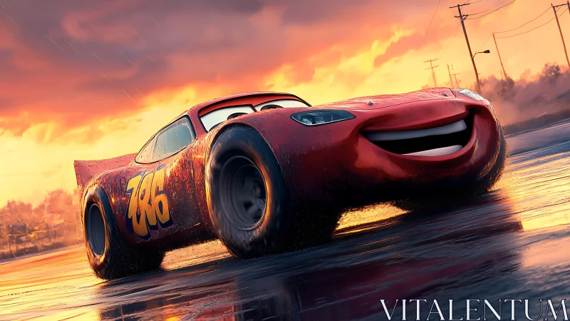 Smiling red race car sliding on wet track at sunset.