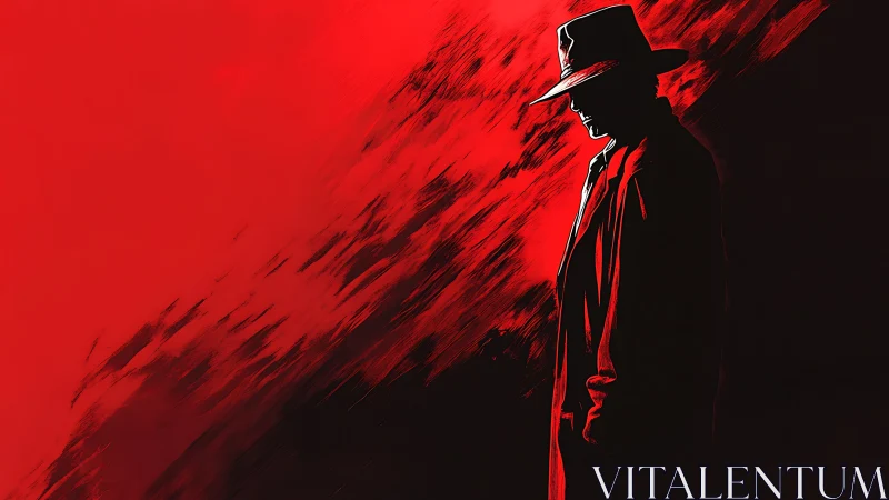 Shadowed detective stands quiet against a bold red storm