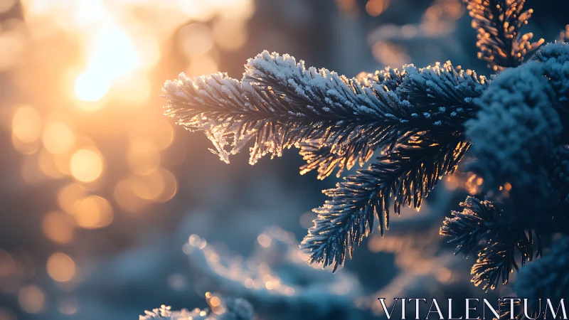 Winter sunrise kissing frosted pine needles with glow.