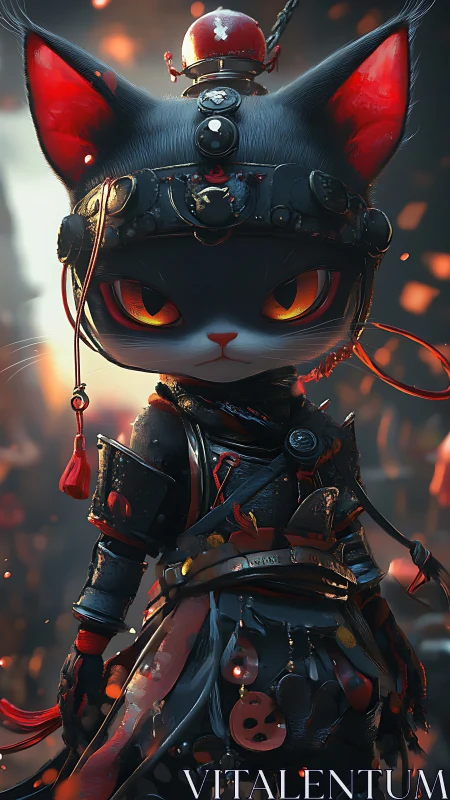Armored fire-eyed warrior cat in ember-lit alleyway.