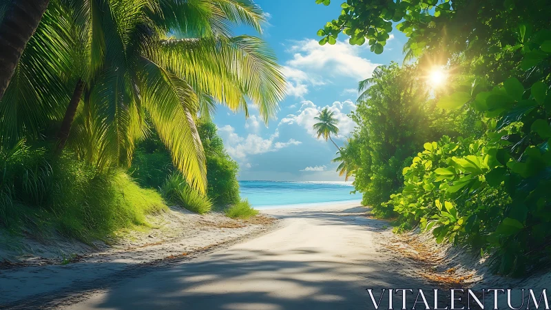 Tropical Coastal Corridor with Volumetric Light Through Palm Fronds
