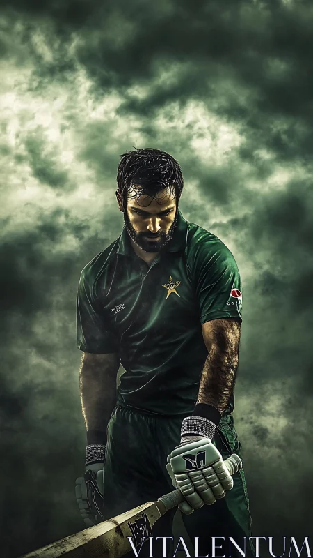 Brooding Pakistani batsman in dramatic stormlit portrait.