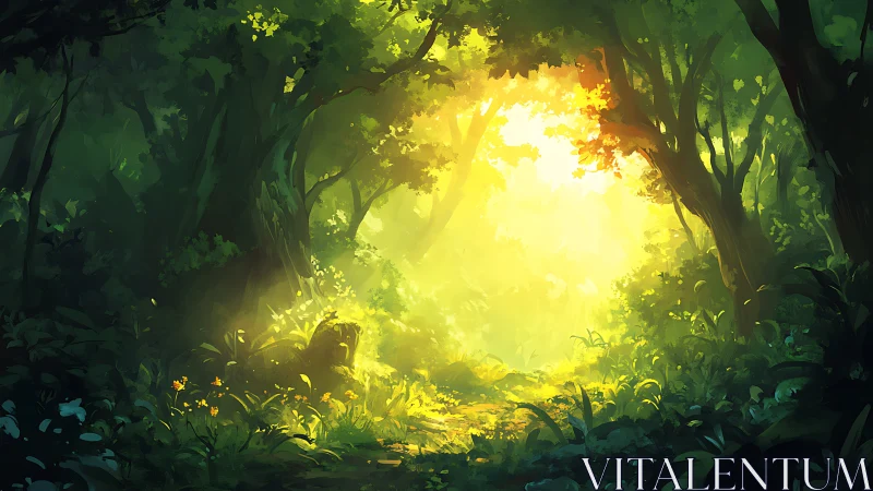 Luminous Forest Clearing with Golden Sunlight Filtering Through Canopy