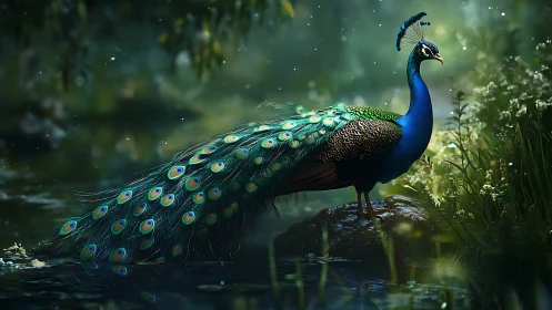 Iridescent peacock stands on river rock in luminous forest