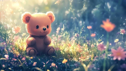 Sunlit plush bear daydreaming in a sparkling wildflower meadow.