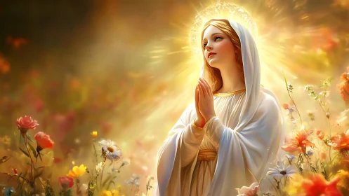 Radiant praying woman crowned in light amid blooming dawn meadow.