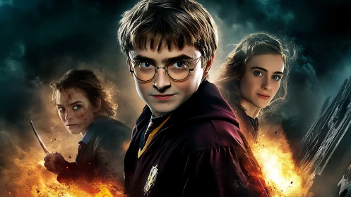 Young wizard trio stands amid firelit storm of looming danger