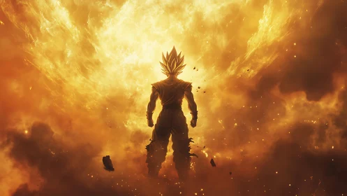 Solar storm warrior ignites within an inferno of golden fire.