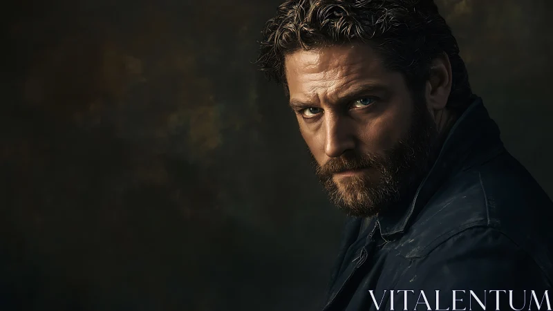 Brooding bearded man gazes intensely against moody shadowed backdrop