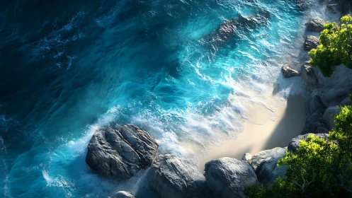 High-detail aerial view of wave dynamics on rocky tropical cove