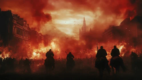 Medieval Army Marches Through Burning City Under Red Sky