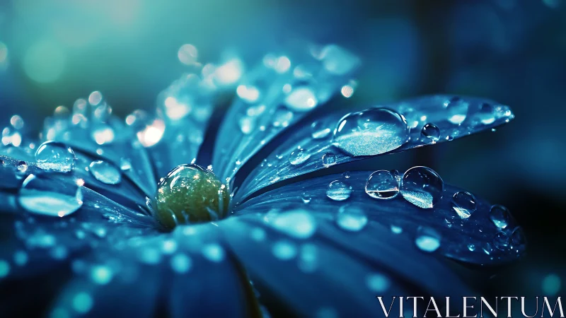 Macro optical study of dew-laden blue daisy petal surfaces.