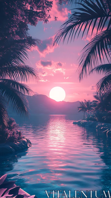 Neon tropical sunset bathes palm-framed lagoon in pink light