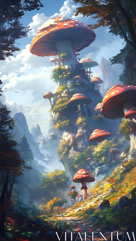 Towering fantasy mushrooms crown sunlit valley path.