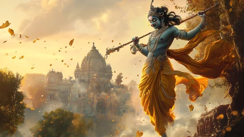 Radiant blue deity strides above a golden temple city at dawn