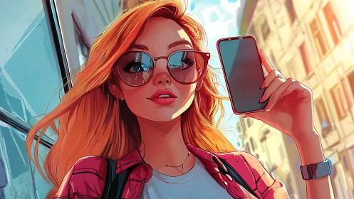 Urban redhead influencer holds smartphone in golden light.