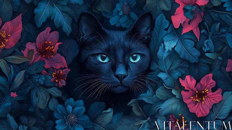 Black Cat with Glowing Eyes Surrounded by Neon Flowers.