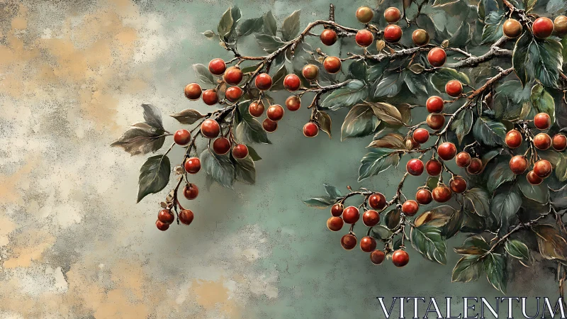 Crimson orchard boughs drifting across a misted sky wall.