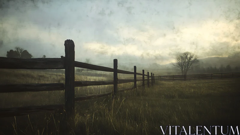 Weathered ranch fence fades into misty rural horizon.