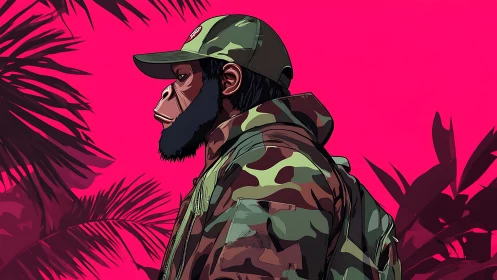 Camouflage-clad ape strides through neon jungle silence.