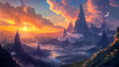 Spectral spire mountains in dual-illumination twilight panorama.