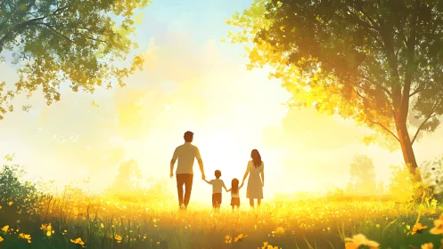 Silhouetted family walks through backlit meadow at sunrise