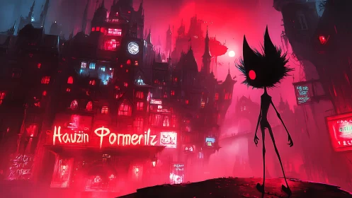 Neon gothic megastructure with silhouetted feline observer.