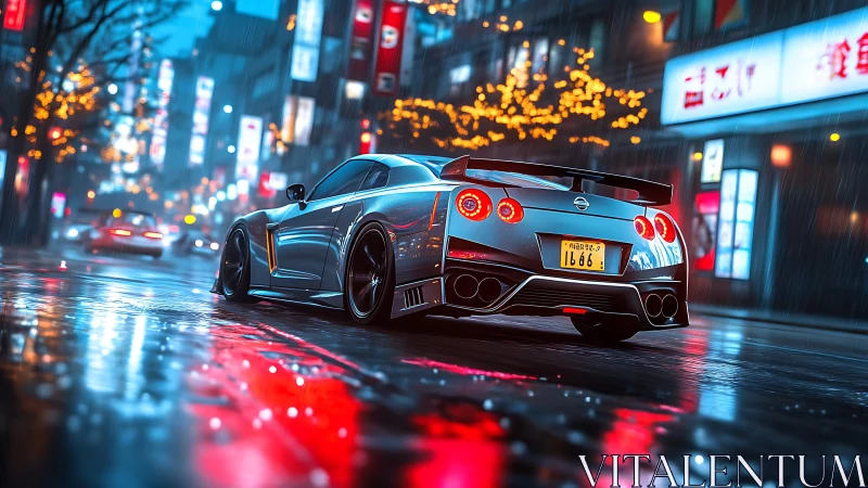 Silver sports car powers through neon city street rain