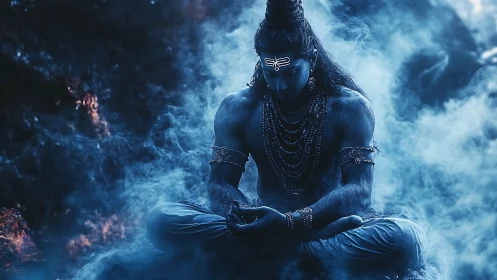 Mythic blue figure in seated pose within dense swirling mist.