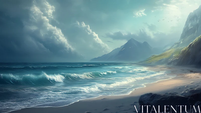 Stormlit turquoise waves roll toward remote mountain coast