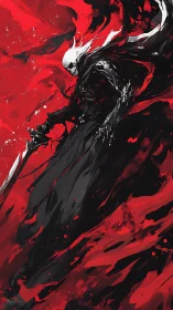 White-skulled warrior wields sword amid red and black flux