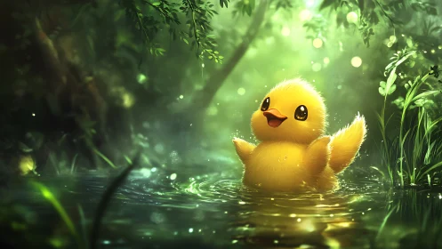 Joyful duckling in luminous forest pond environment.