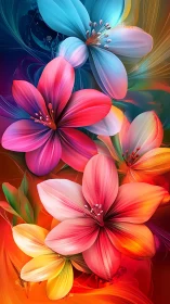 Multilayered Digital Floral Composition With Gradient Transitions.