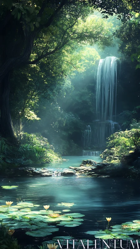 Spectral-lit forest waterfall with reflective lily-covered pool