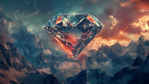 Suspended faceted crystal over atmospheric alien mountainscape