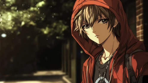 Teen boy in red hoodie stands outdoors at dusk, looking pensive