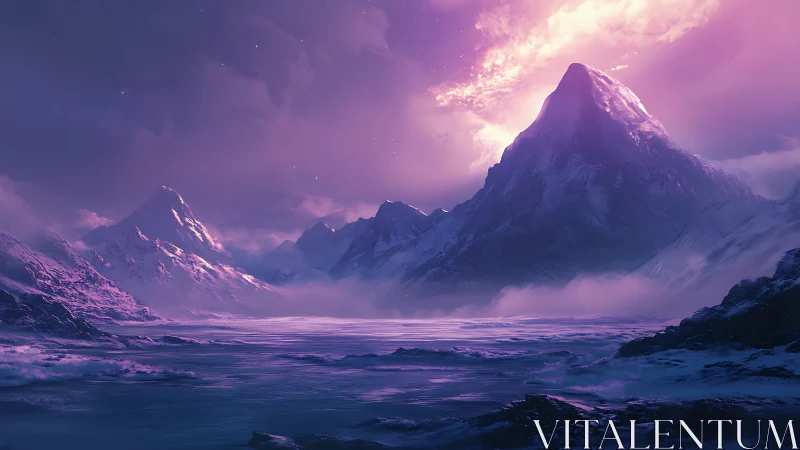 Luminous violet sunset bathes icy mountain valley