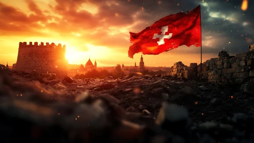 War-torn fortress landscape with tattered red heraldic flag at dusk