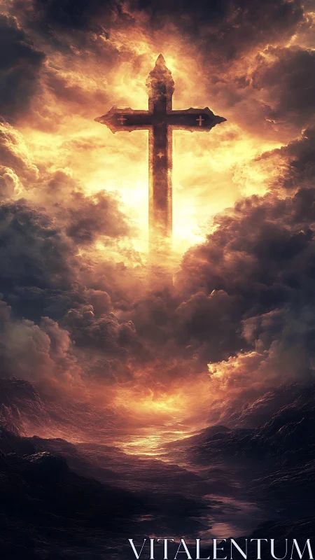 Burning cross rises through storm clouds over dark valley.