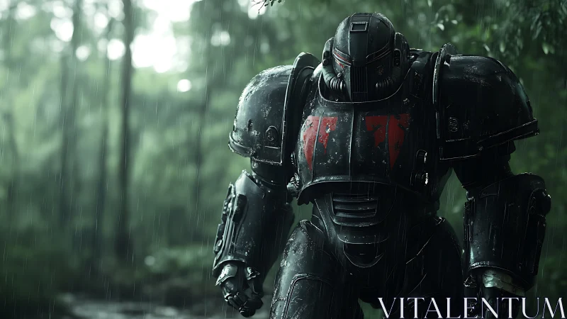 Rain-soaked war mech stalks through a haunted emerald forest