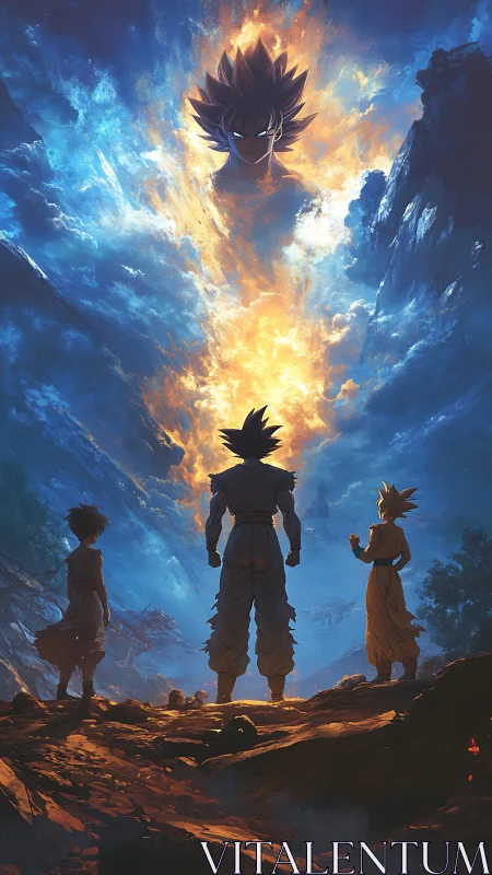 Heroic warriors under blazing cosmic spirit sky.