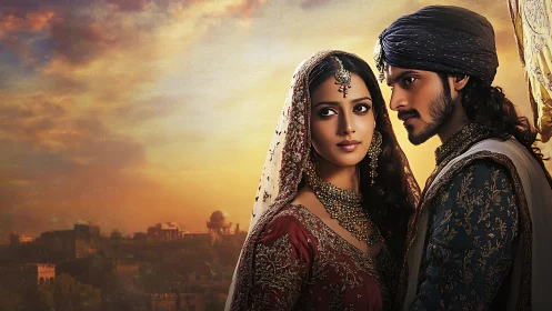 Royal couple gaze against a golden sunset over ancient city