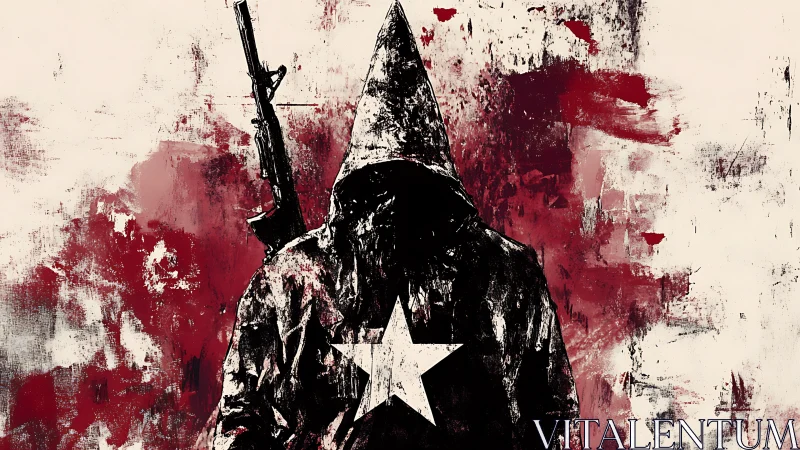 Hooded militant silhouette stands against red abstract backdrop