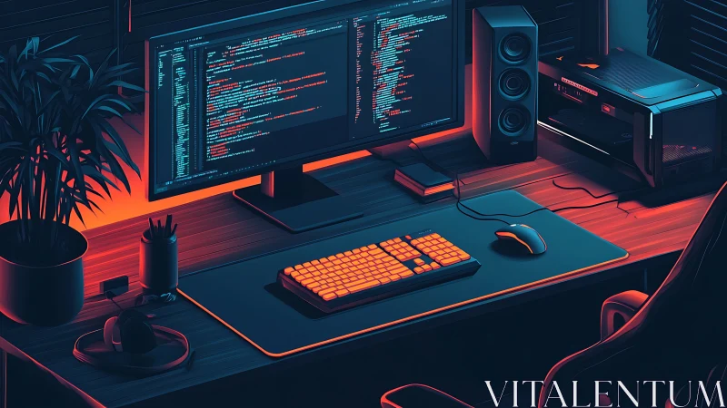 Neon lit coding desk glows with a focused late night energy