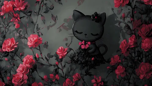 Black Cat Among Crimson Roses: Ethereal Garden.